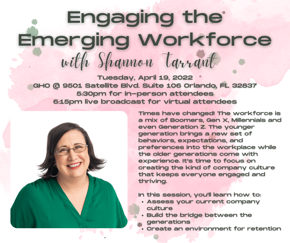 Engaging the Emerging workforce with Shannon Tarrant flyer