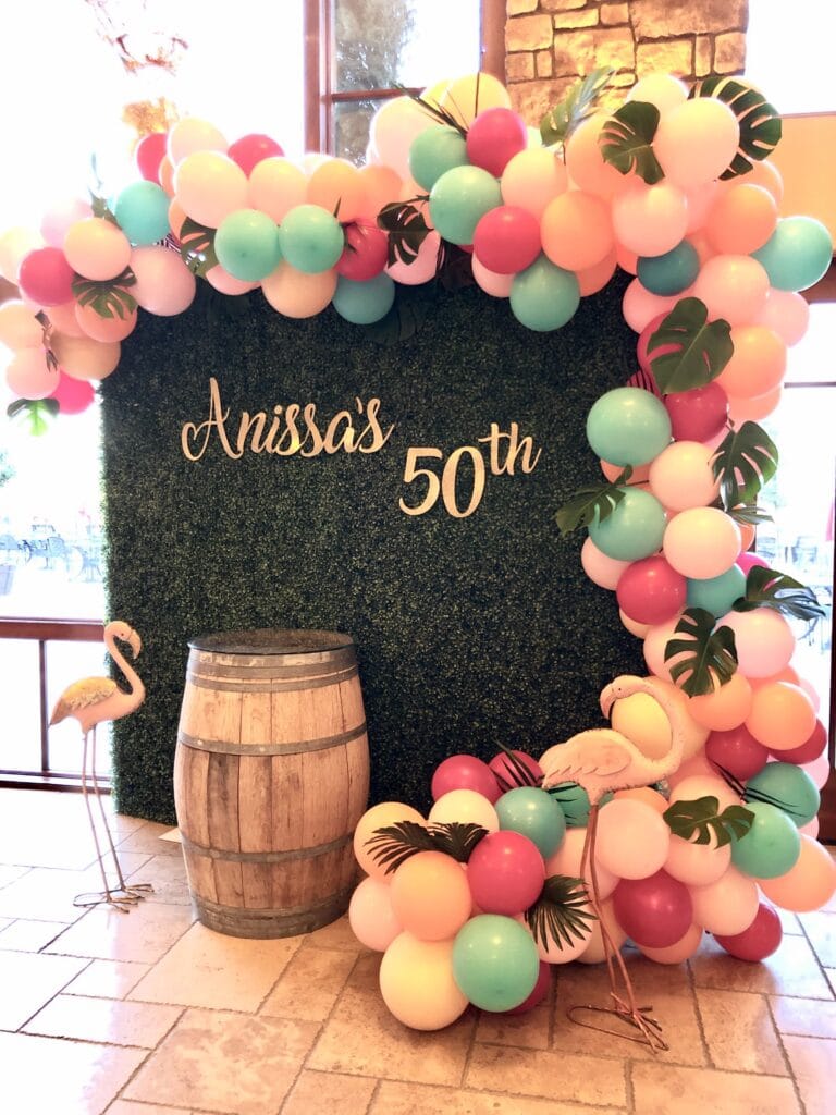 50th birthday party balloon arch from Dawn Gilmore Productions