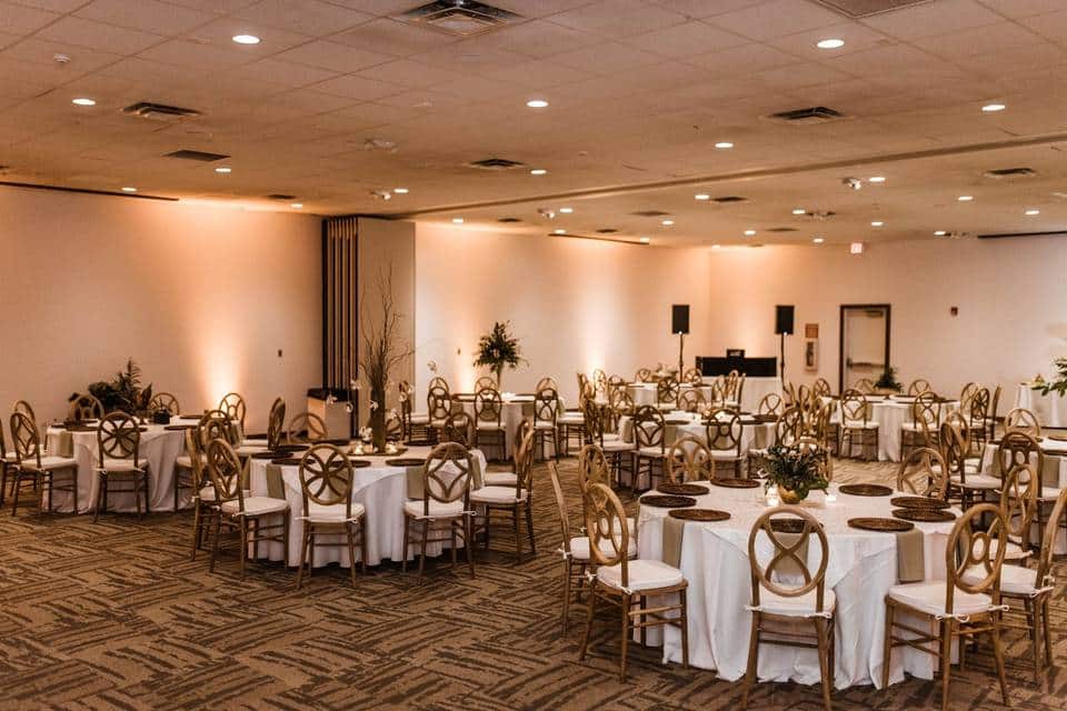 wedding reception room ready for guests at the