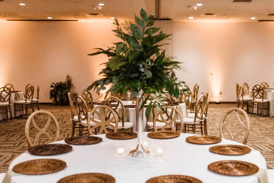 wedding reception room with copper and natural fibers at the Central Florida Zoo & Botanical Gardens