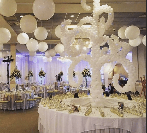 room filled with white balloons and decorations for wedding reception from Dawn Gilmore Productions