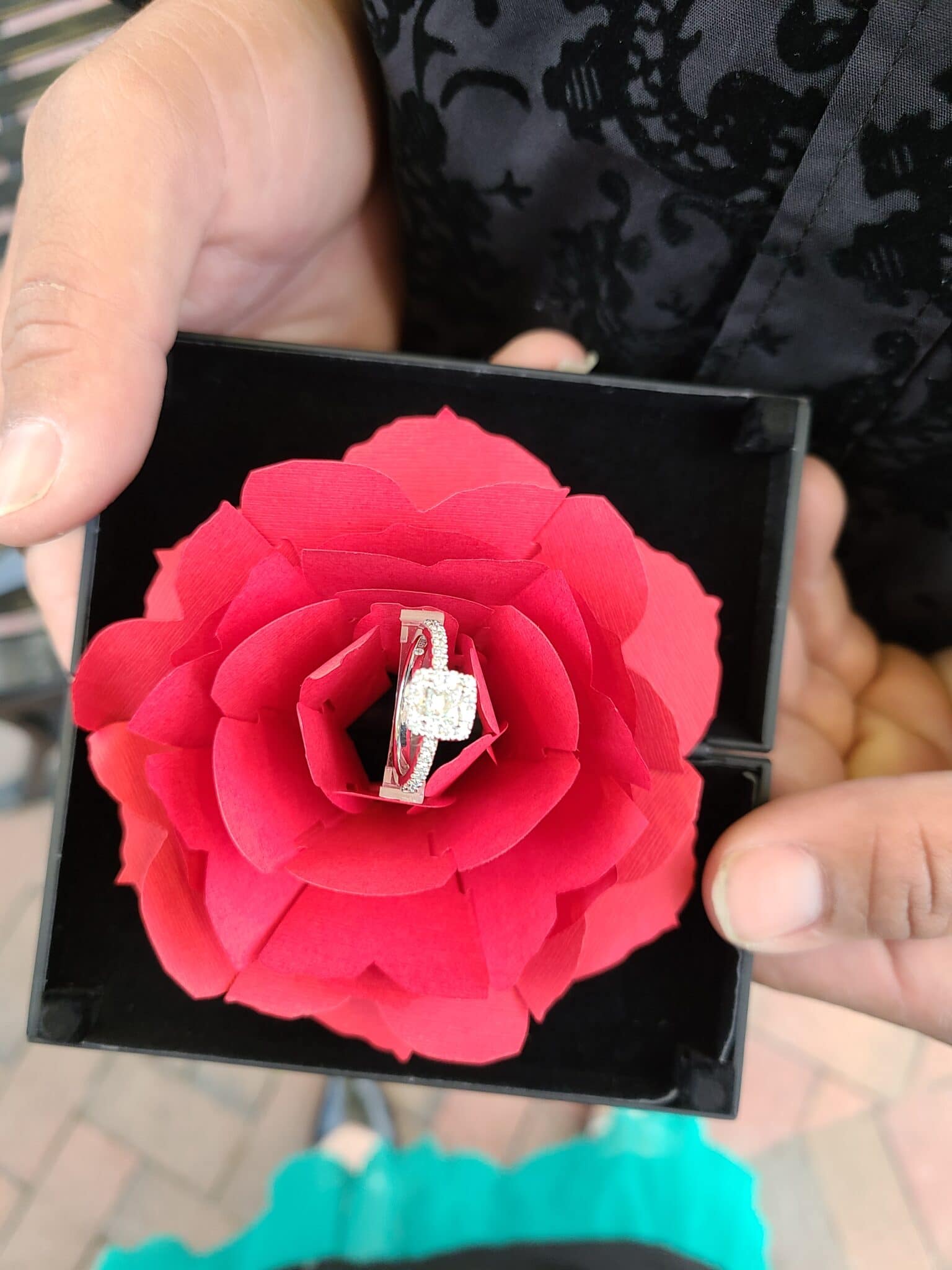 box with a rose that blooms and shows an engagement ring from her Sunrail Marriage Proposal