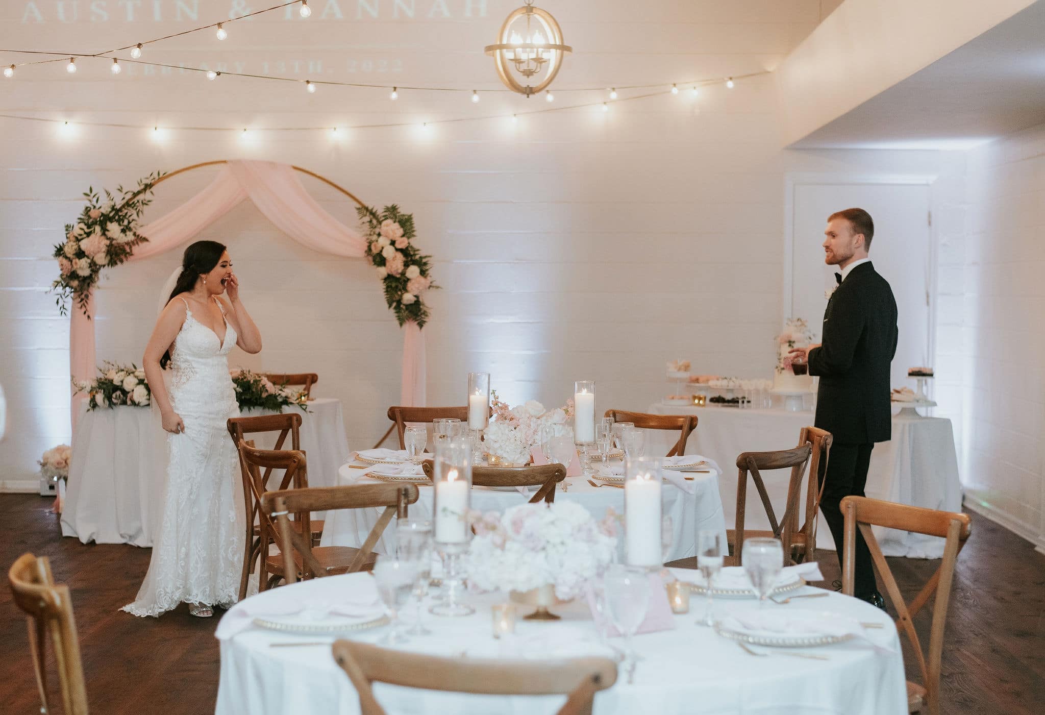 bride and groom romantic blush wedding room reveal at The Garden Villa