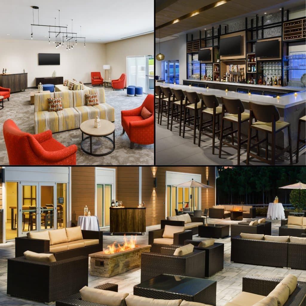 multiple photos of conference room and bar at the Hilton Garden Inn Apopka City Center