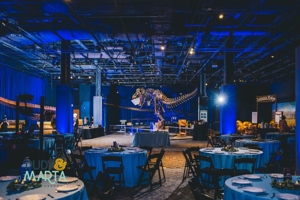 Wedding reception set up in the Orlando Science Center in the dinosaur room