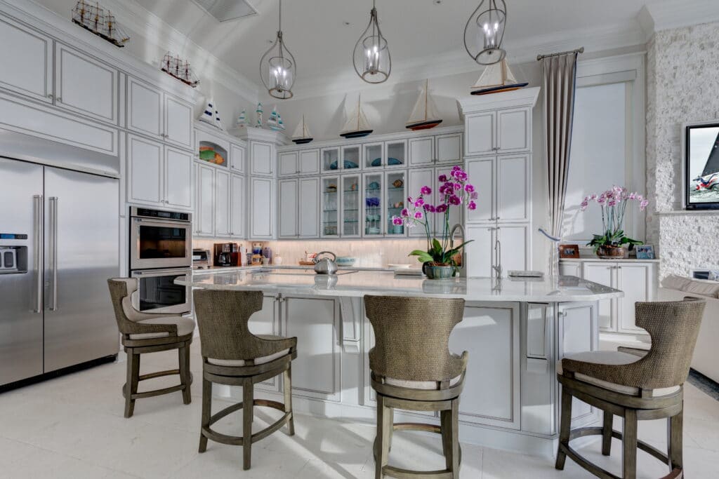 large white kitchen island at Joy by the Sea