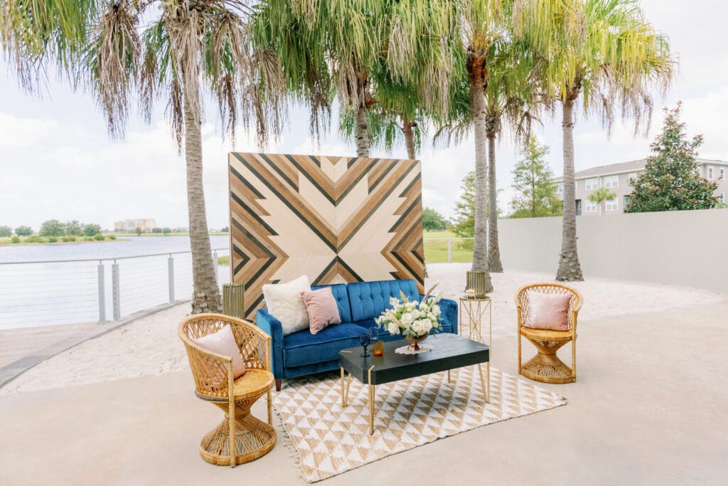Dockside Lake Nona outdoor seating area with deep teal couch