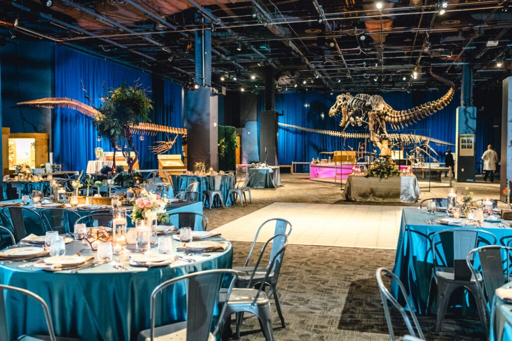 Wedding reception set up in the Orlando Science Center in the dinosaur room
