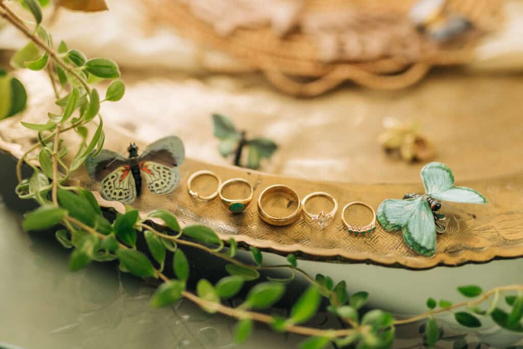 Photo by Sydney Morman Photography of wedding rings with butterflies and greenery