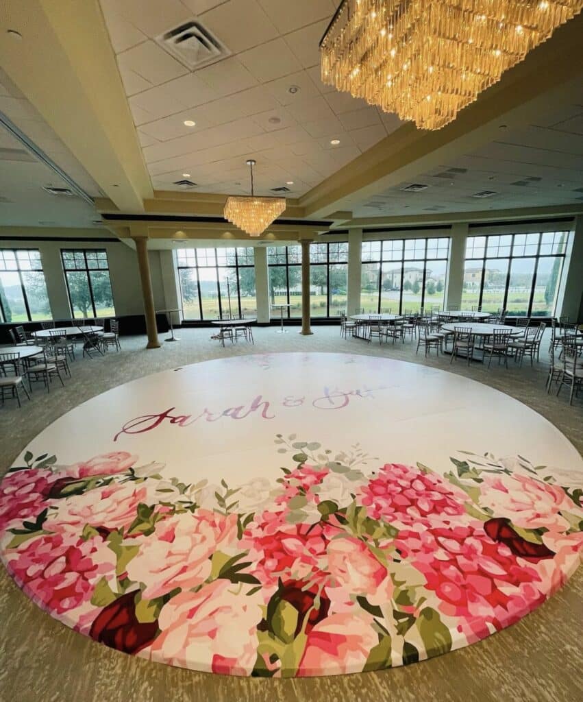 Dance floor with flowers and names by letz dance on