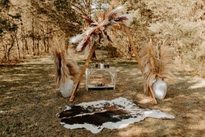 outdoor room with cowhide carpet by Making It Matthews