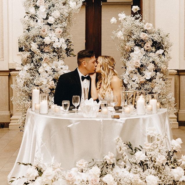 sweetheart table surrounded in white and green floral arrangements from In Bloom Florist