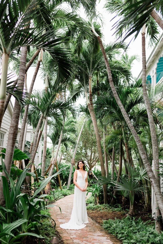 bride standing on path between large leaning palm trees at event planned by Just Save the Date