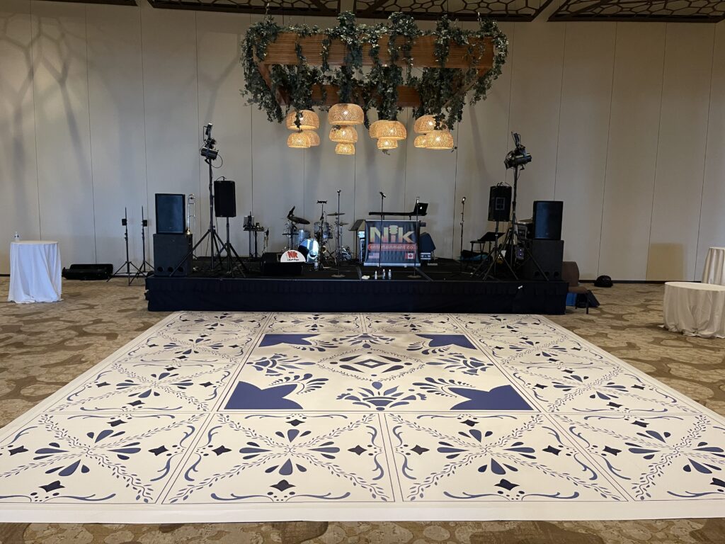 Blue and white mosaic dance floor by letz dance on it