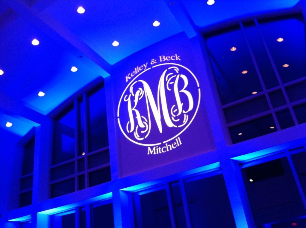 blue lights and wedding couples initials from Party Springs Entertainment