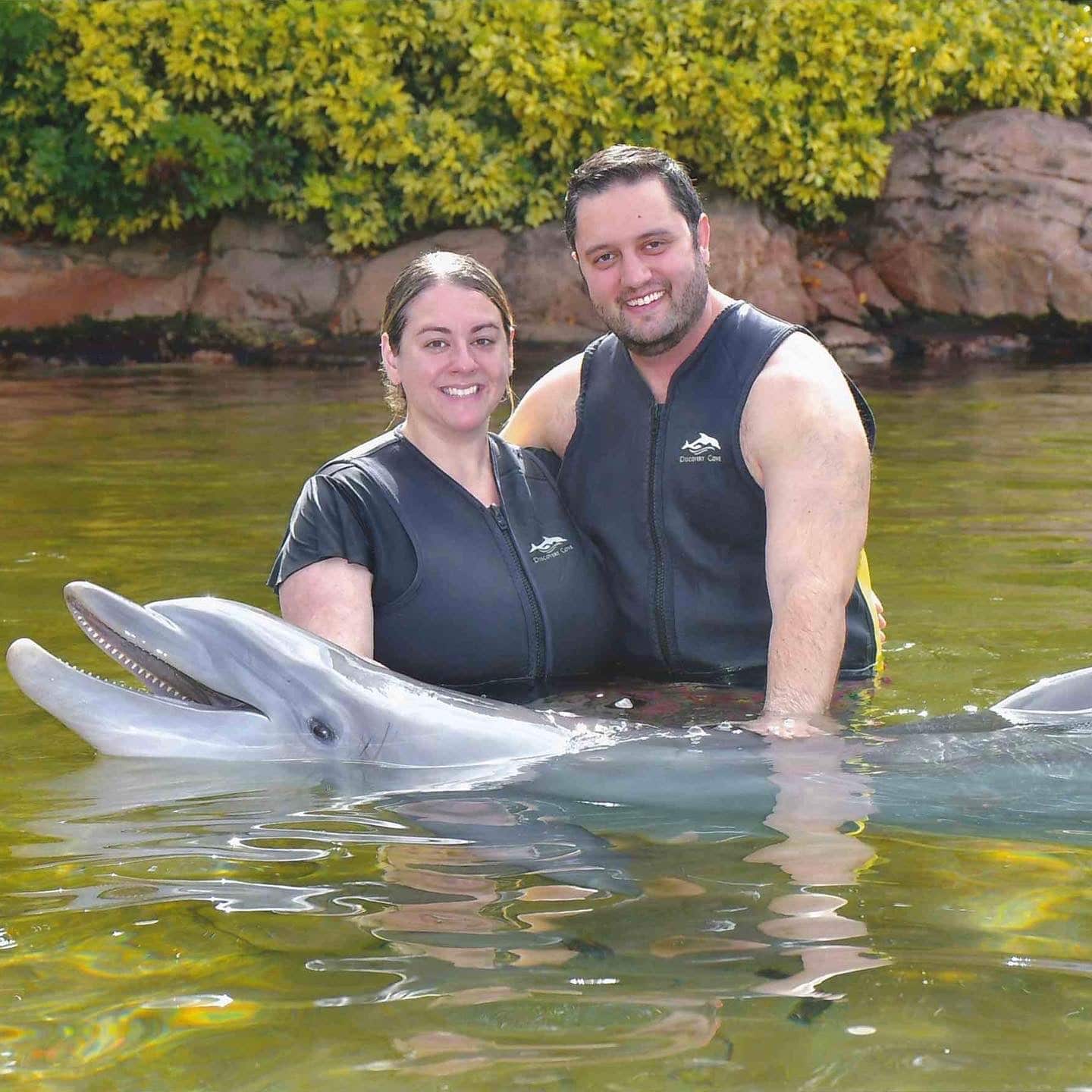 couple stand together in water with dolphin right in front of them as they smile