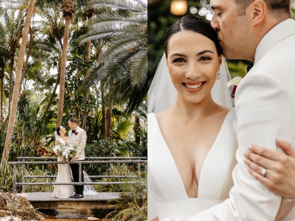 2 photos. One is the bride and groom looking at each other on a bridge and the other is a close up of the broom kissing the bride while she smiles at the camera