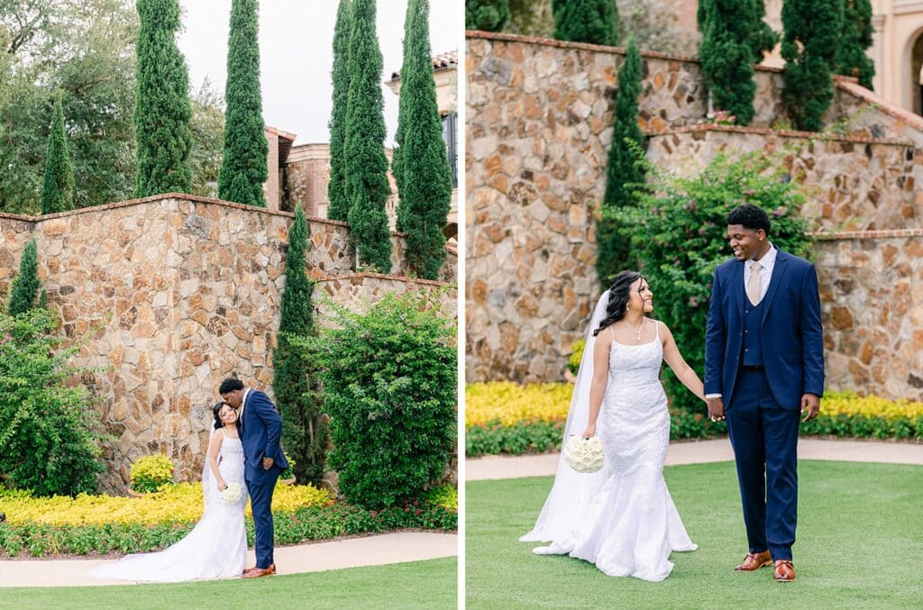 side-by-side photos of couple walking in a garden with a large stone wall