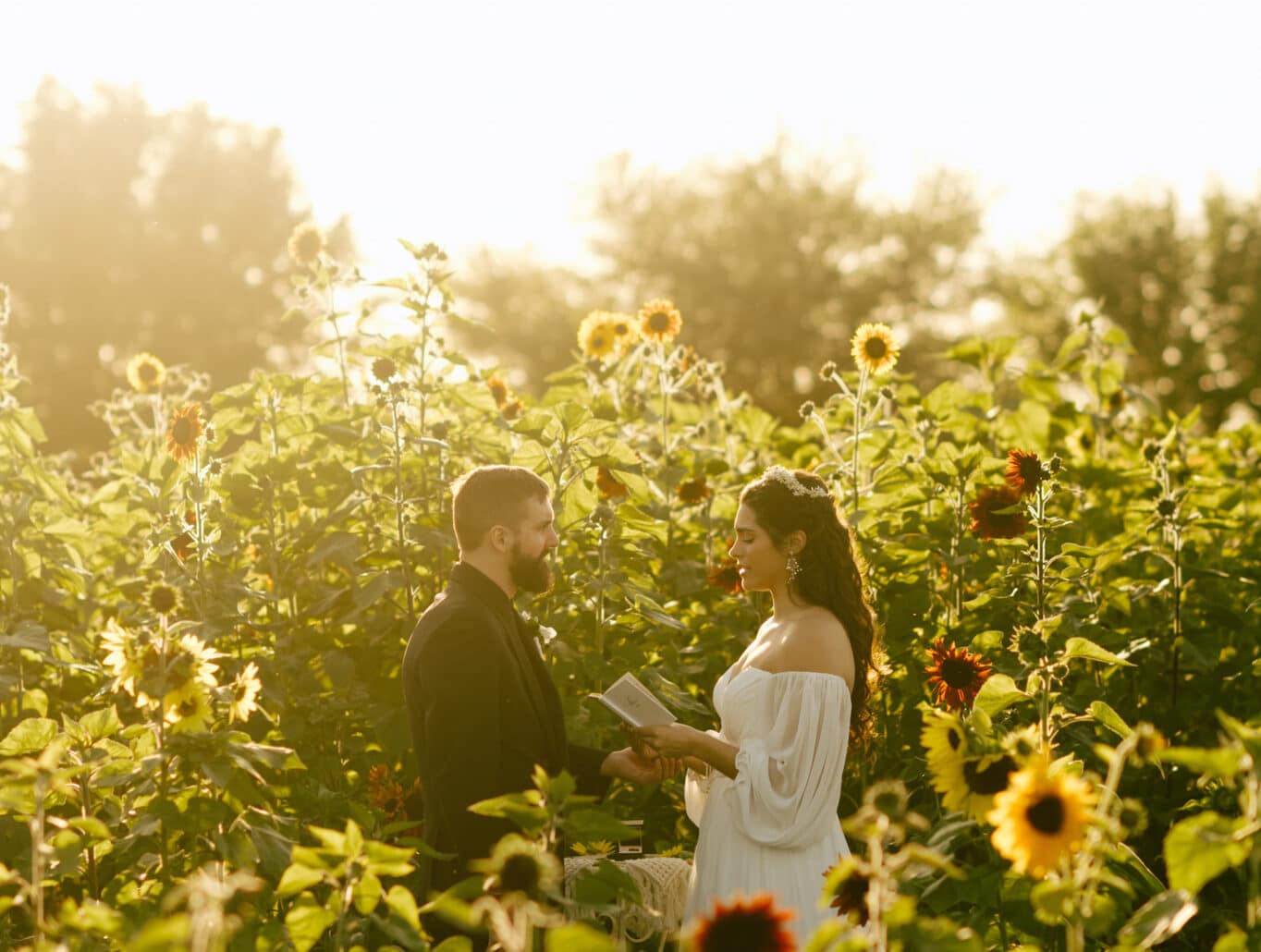 bride and groom stand in sunflower field at stanley pond adventure farm wedding reading their vows to each other