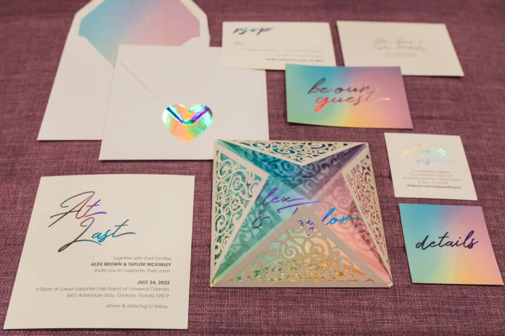 rainbow inspired iridescent invitation suite by Ever Ella