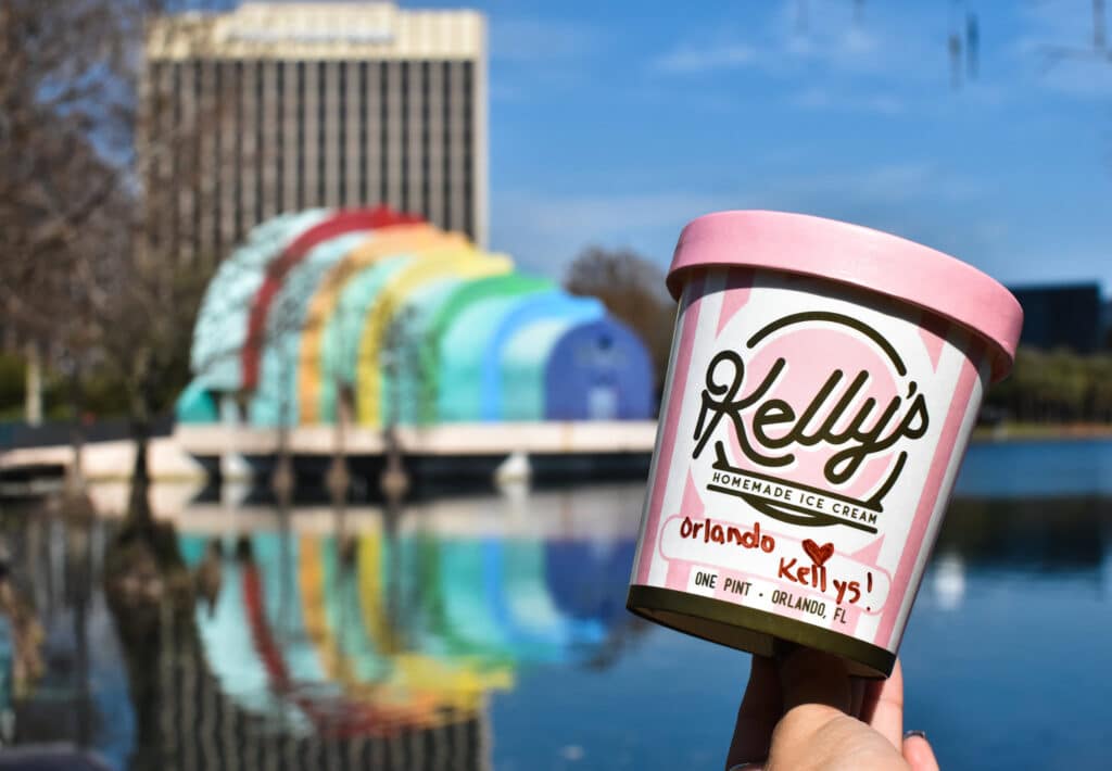 pint of special ice cream from Kelly’s Homemade Ice Cream in front of Lake Eola, in Orlando, FL