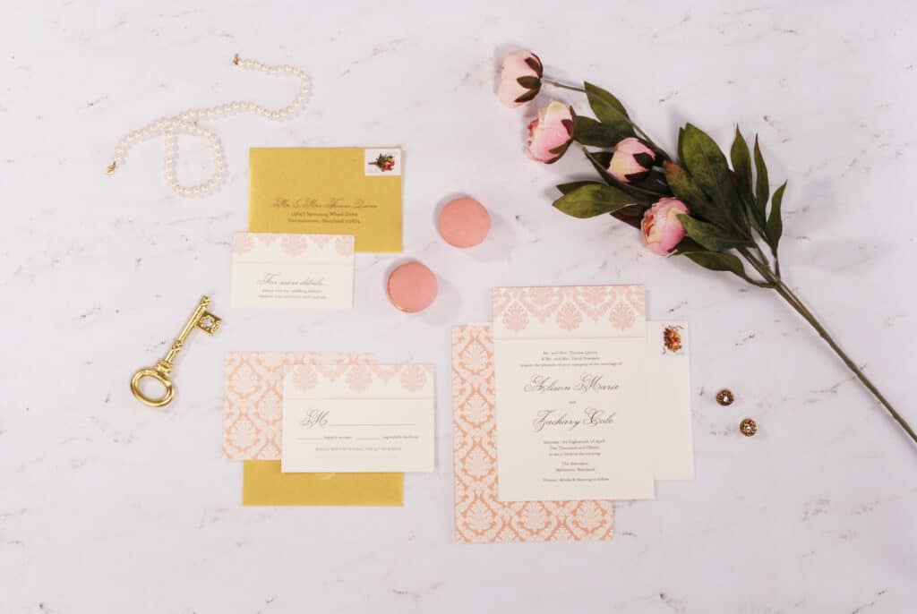 mustard and pink wedding invitation suite by Ever Ella