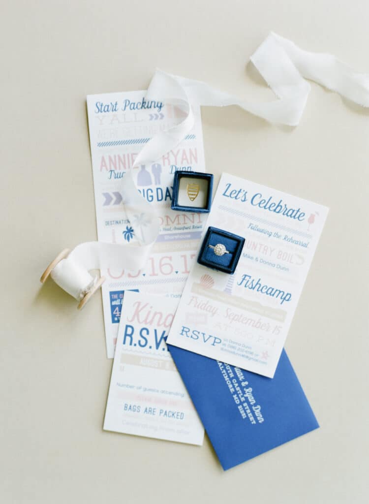blue and white wedding invitation suite by Ever Ella