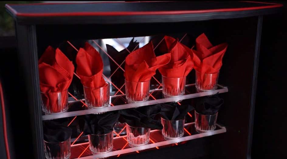 napkins and bar set-up ready for an evening of fun in the Hidden Secrets Luxury Party Bus