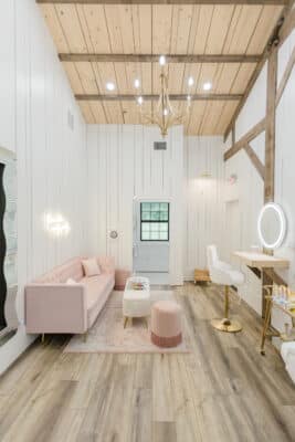 bridal ready room in pinks and creams at The Barn at Hidden Oaks Farm of Lake Mary
