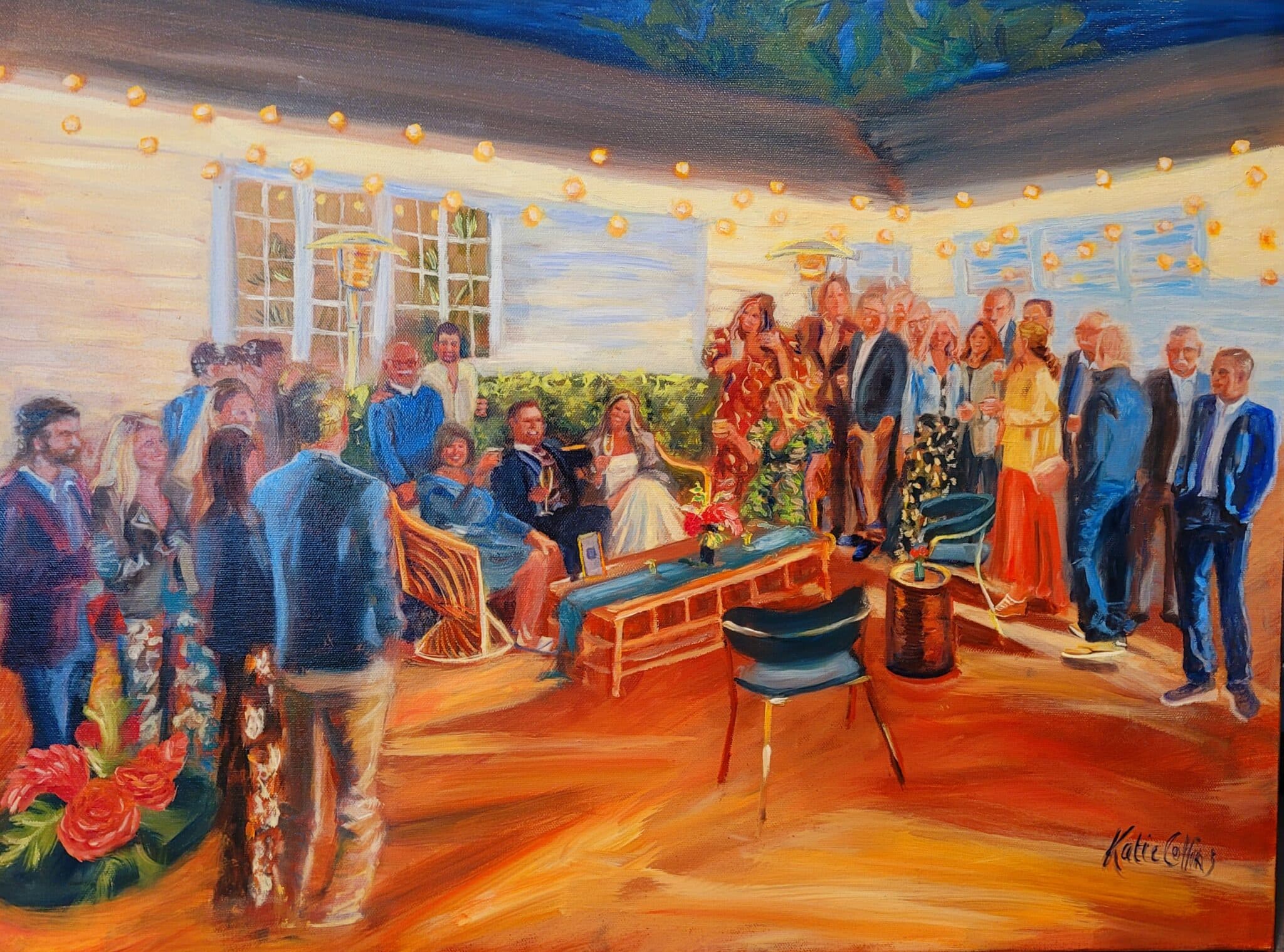 picture of a painting depicting bride and groom seating while their guests surround them outside of wedding venue