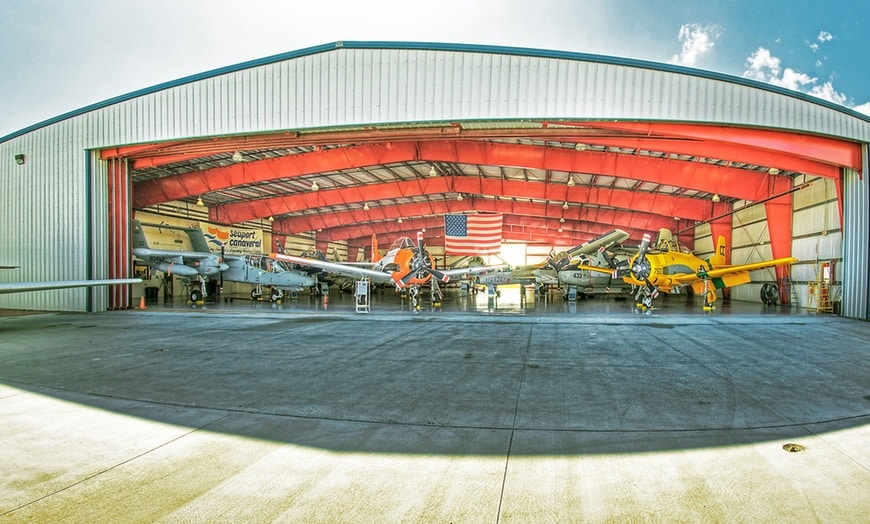 exterior photo of the interior of airplane hanger at The Warbird Air Museum