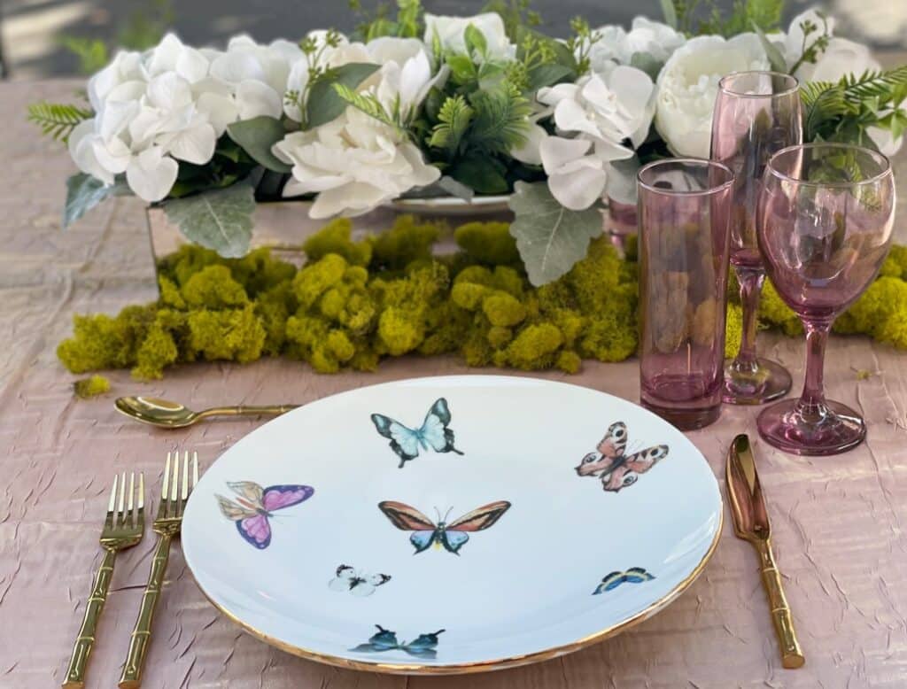 butterfly plates, wine glasses and centerpieces from Design One USA
