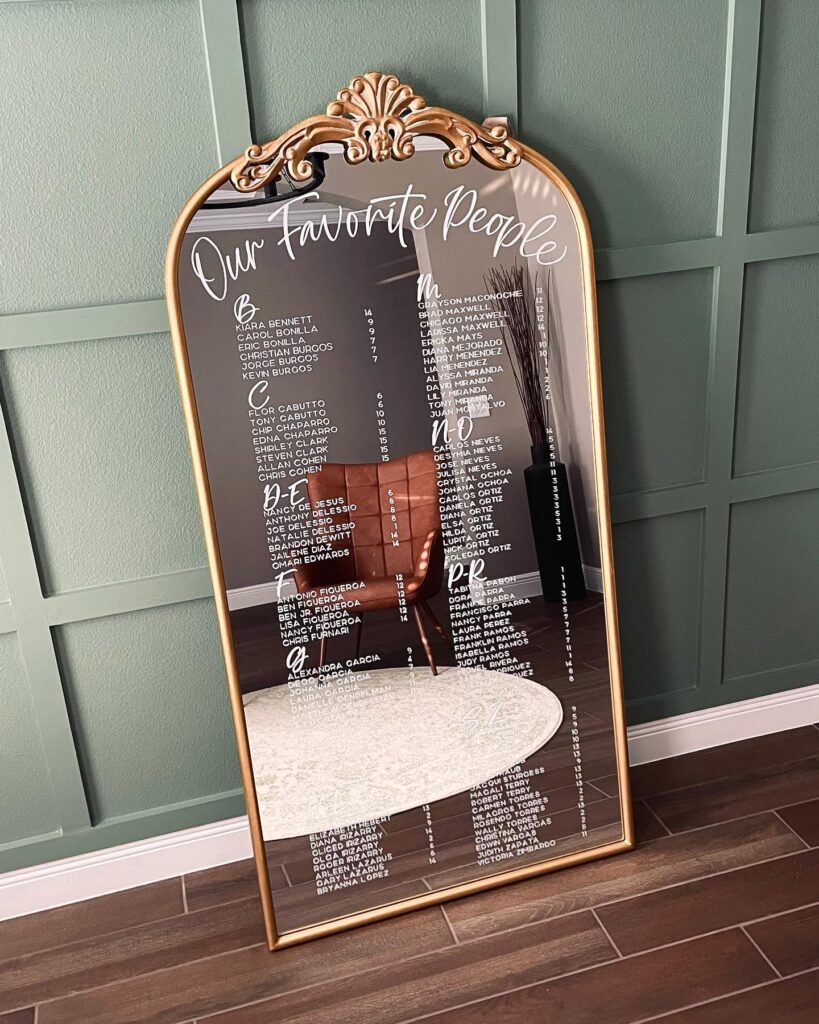 mirror with seating arrangements in calligraphy by Bowtie & Brush
