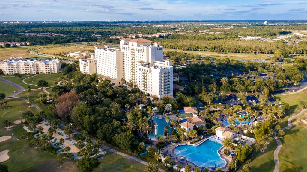 drone view of Omni Orlando Resort at Champions Gate pool and grounds