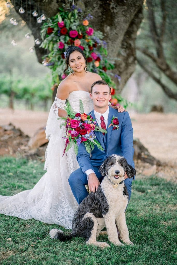 bride wearing gown and groom wearing blue suit from Carolyn Allen’s Bridals & Formals with their dog in an outdoor setting