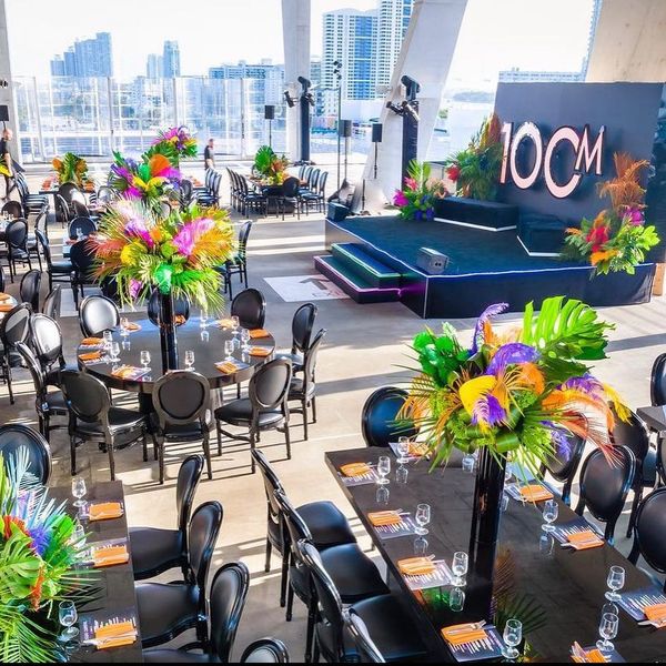 tropical tablescapes against city skyline celebrating corporate success by Bubble Design Rentals Orlando