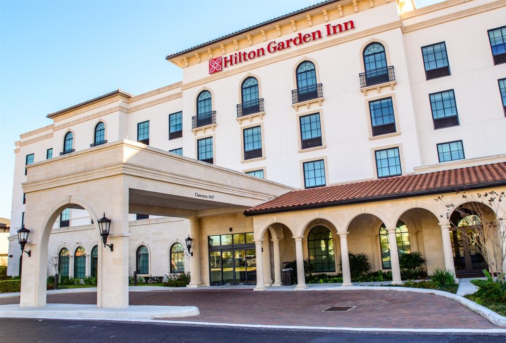 front of hilton garden inn as you walk up to the double doors