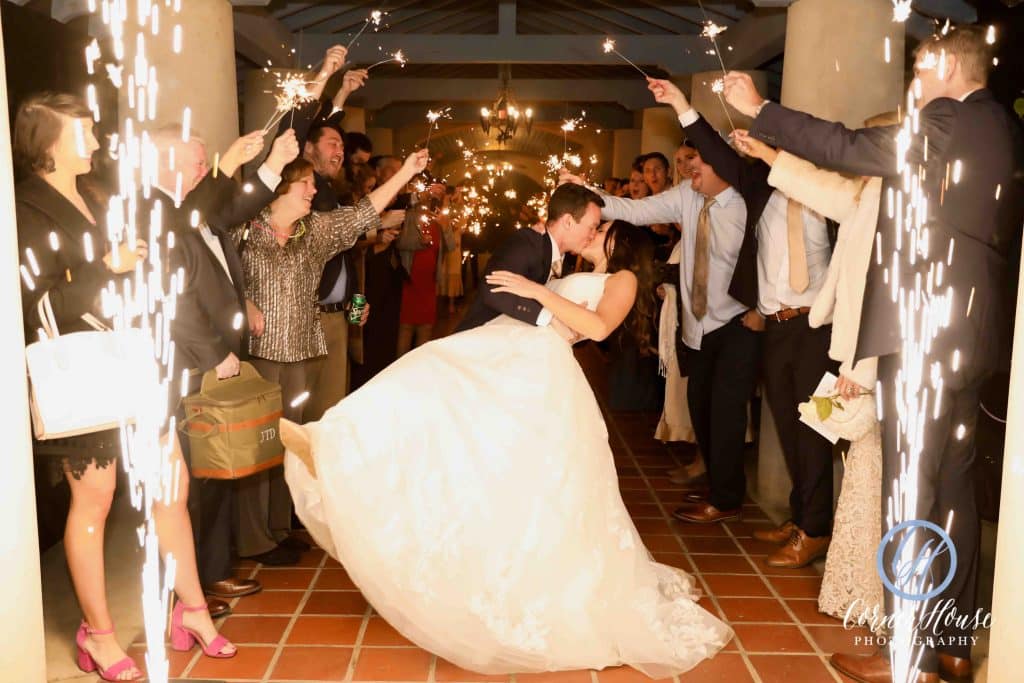 groom dipping bride under sparkler arch from Elegant Entertainment DJ and Video Services Orlando