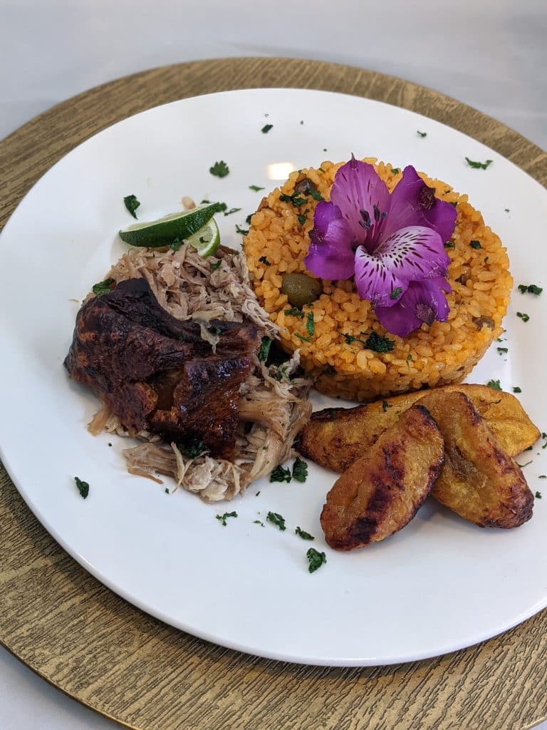 latin inspired black beans and rice, sweet plantains and yellow rice from Latin Raices Catering