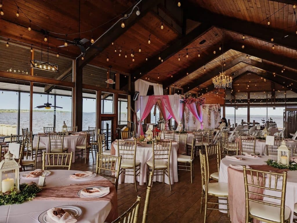 wedding reception room with wooden ceiling at 520 on the Water