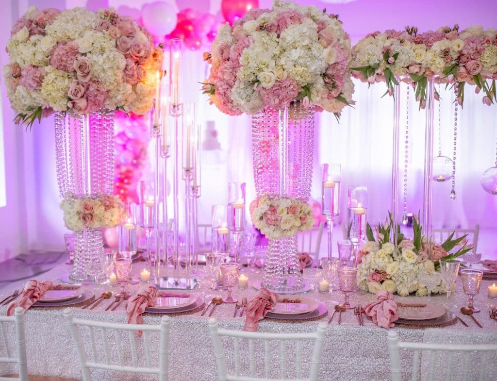 pink and white wedding decor provided by glameventdesigns