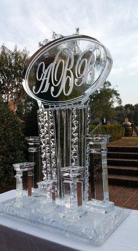 monogram carved into large standing ice sculpture by Ice Pro