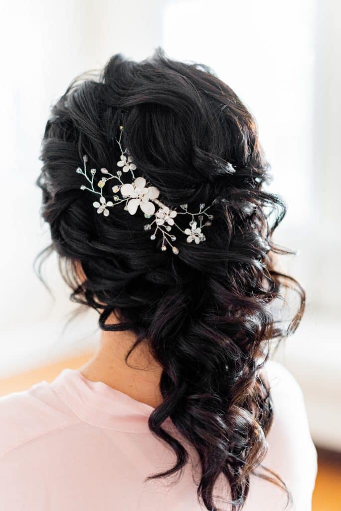 wedding sprigs of jeweled flowers in hair by Marci Knuth Hair And Makeup LLC