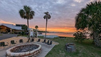 sunset by a fire pit at 520 on the Water