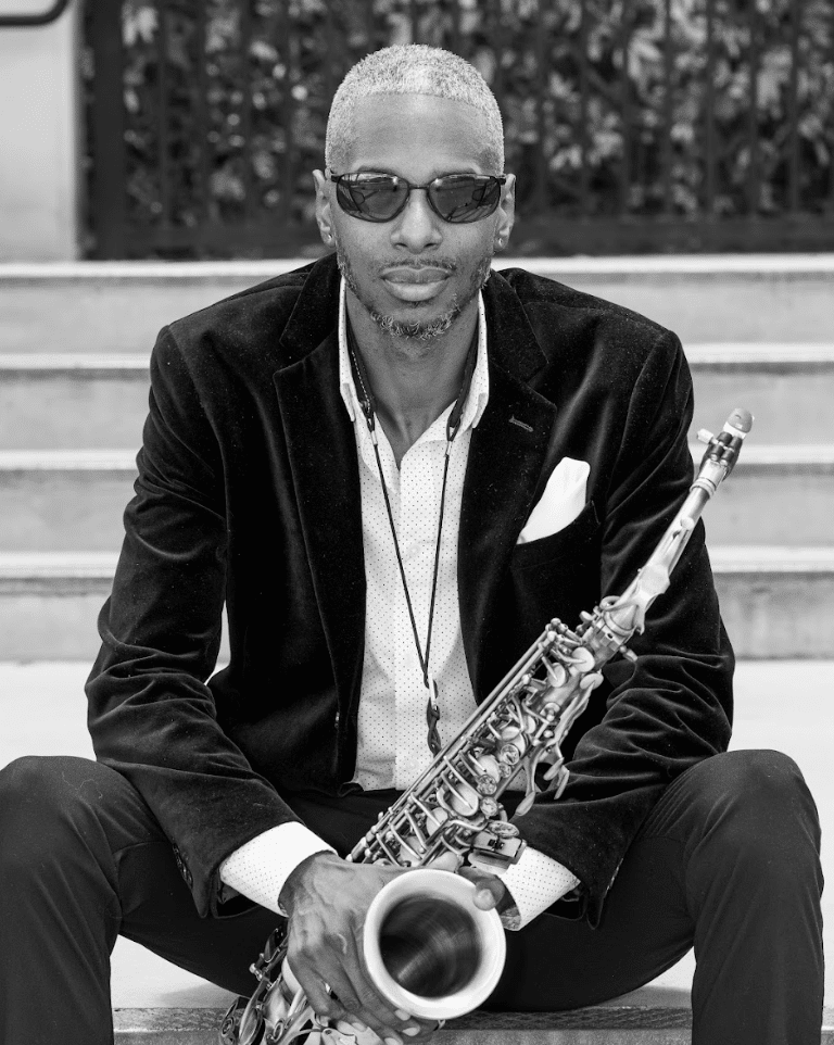black and white photo of Khalil Stultz Saxophonist