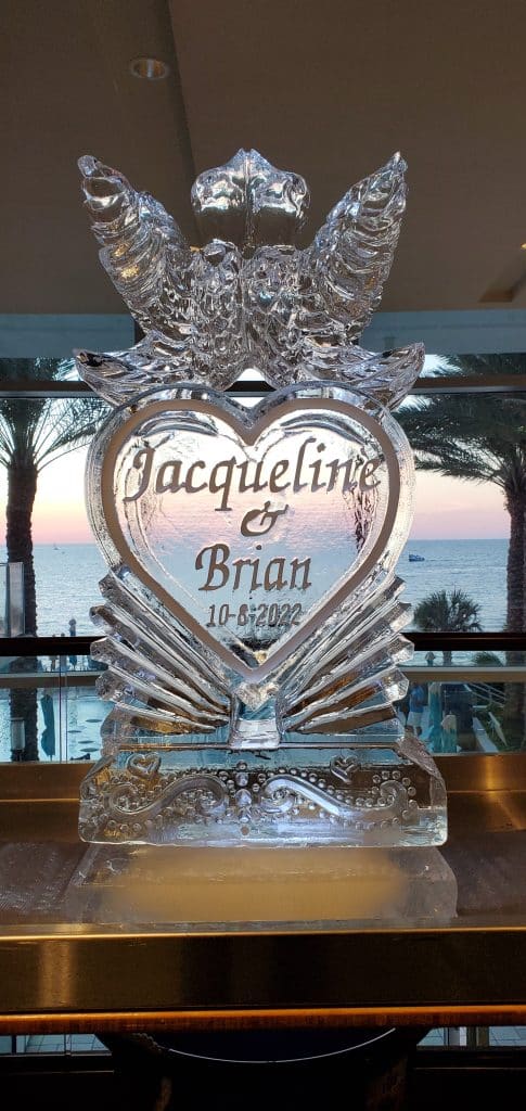 bride and grooms names carved into ice sculpture by Ice Pro