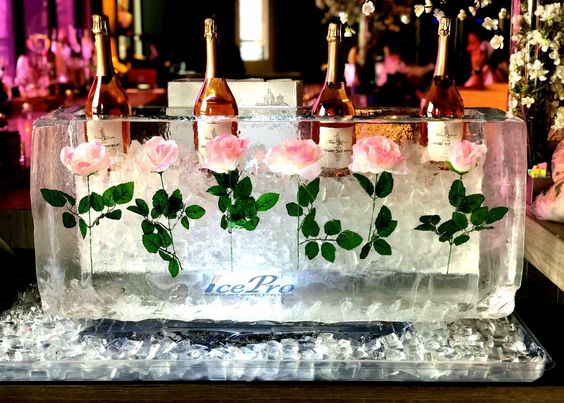 wines in winebar of ice carved into ice sculpture by Ice Pro