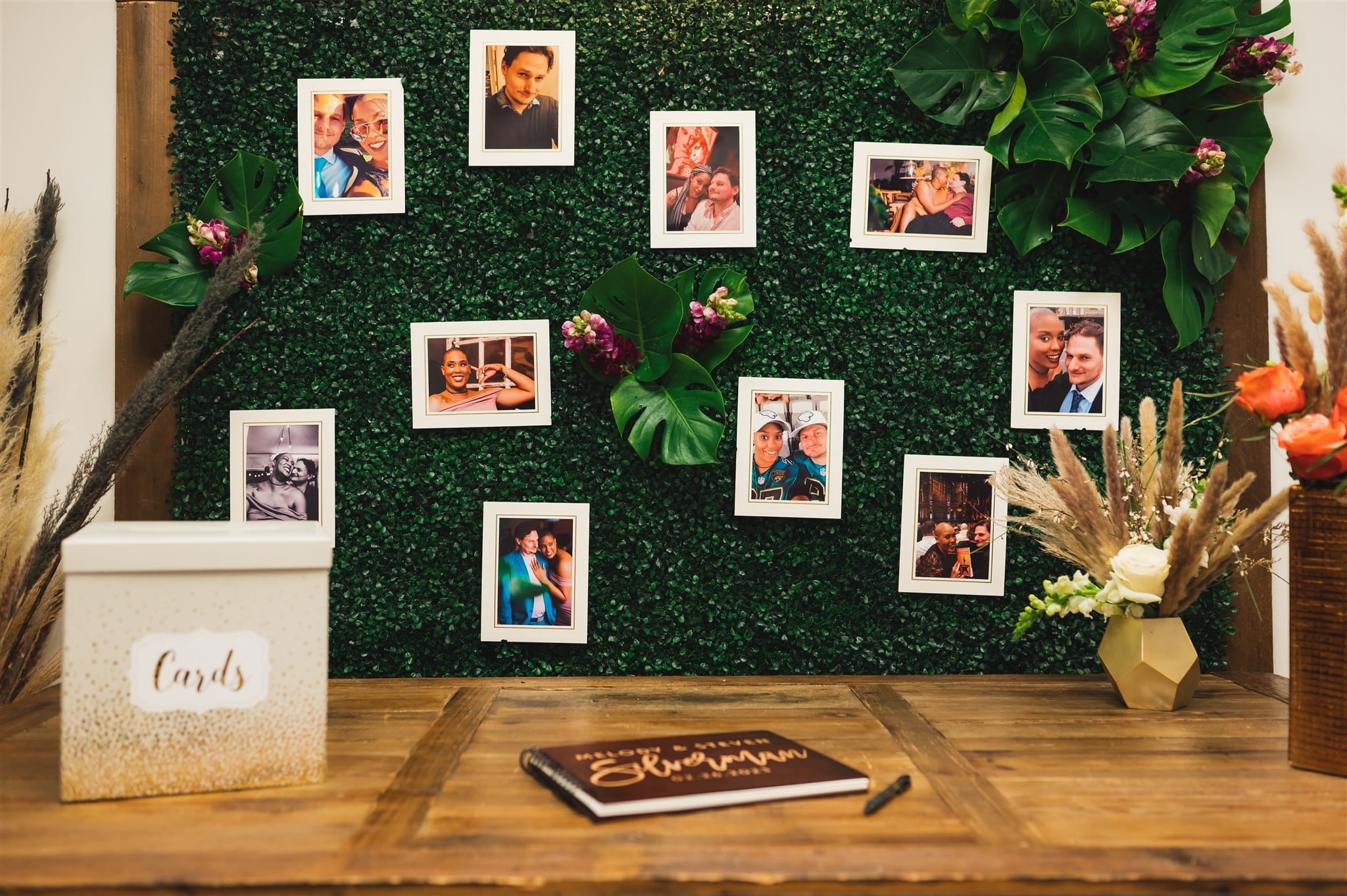 Photo gallery wall of the couple, Melody and Steven, at wedding venue Trellis 925