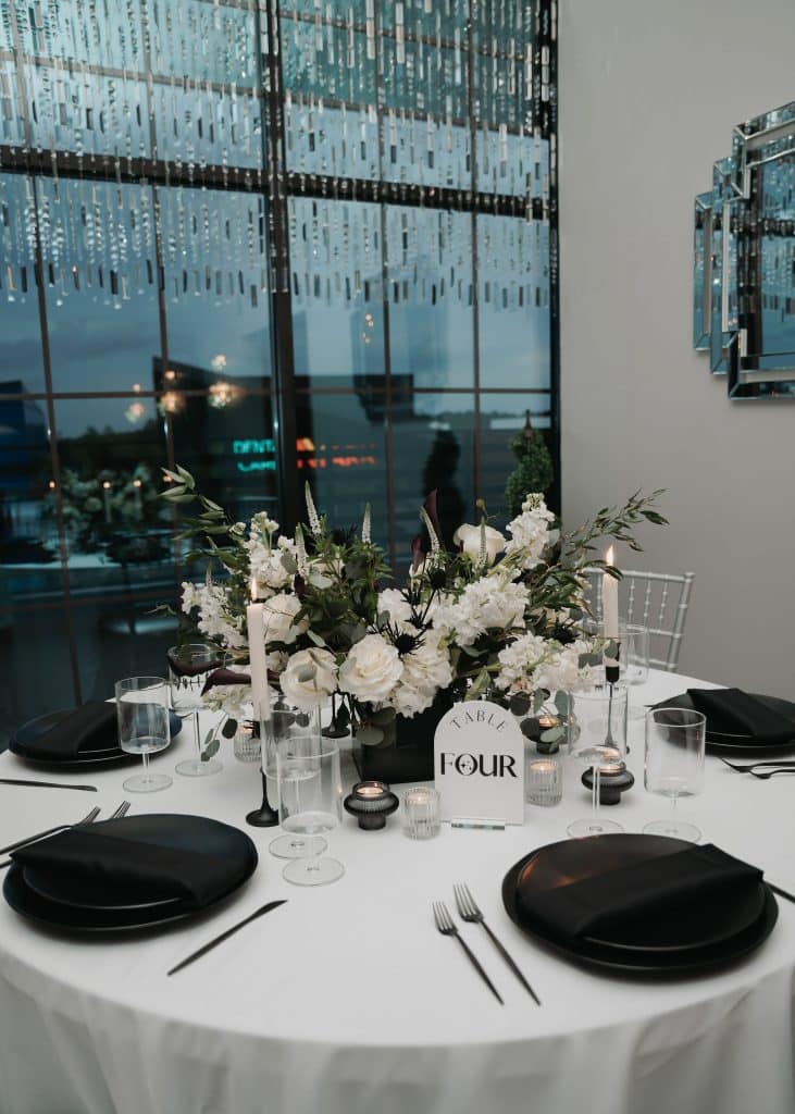black and white table settings from Echo Event Rentals