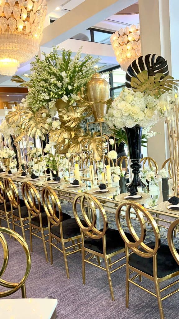 stunning green and gold wedding reception coordinated by Elite Celebrations